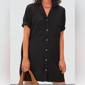 Everlane Black Linen Button-Up Shirt Dress with Pockets